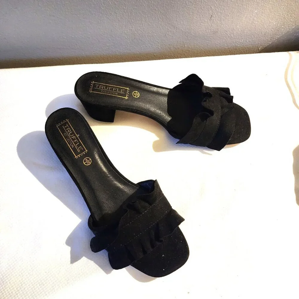 Elegant Blk Sueded Velvet Ruffle‎ Office Siren Cocktail Heel Slide Sz. 39/US 9